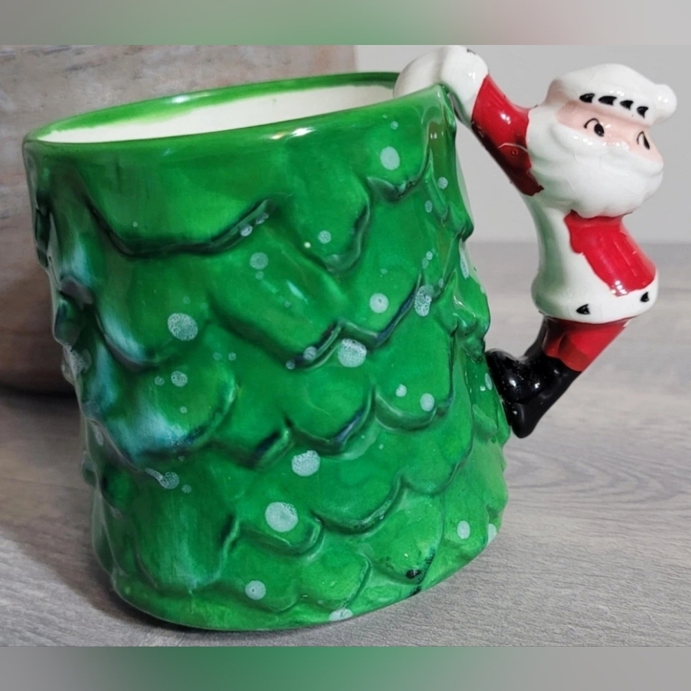 Vintage Holt Howard Hugging Santa Wintergreen Ceramic Christmas Mug Collectible